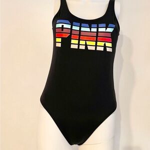 PINK Victoria's Secret Black One Piece Swimsuit with Multicolor Logo - RARE